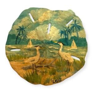 Hand Painted Original Sand Dollar Heron Beach Scene by Lois Derthick Florida Art